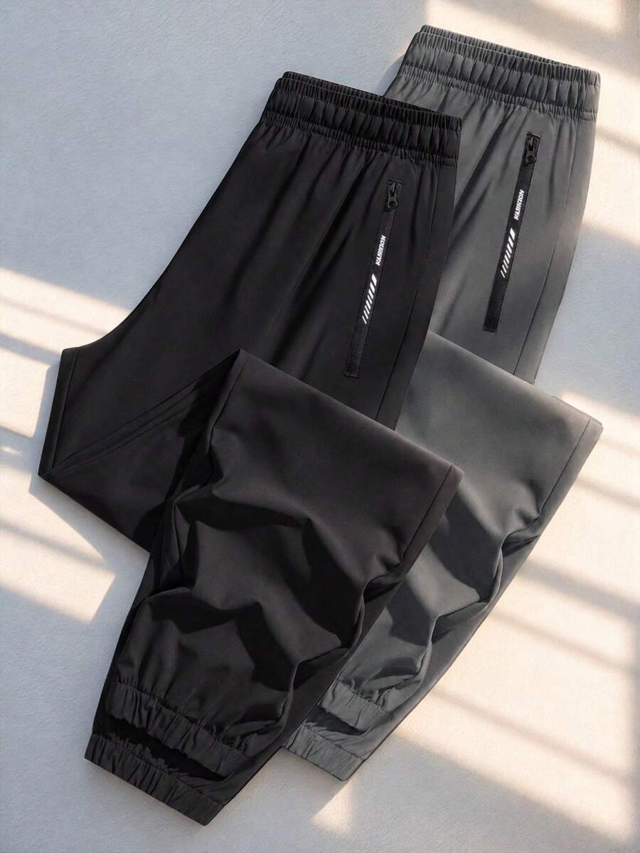 2pcs/Set Tween Boys' Party, Casual, Outdoor, Sports Drawstring Waist Pants, Versatile & Suitable For All Seasons - Black - View 1