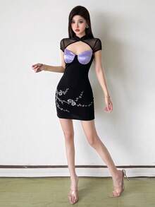 Top Dazzle Women's Stand Collar Sheer Mesh Hollow Out Mini Dress, Elegant Cheongsam Style Knit Sleeveless Party Dress With Floral Details - Black - View 7