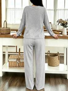Women's 2 Pieces Pajama Set, Gray Letter Long Sleeve Crew Neck Top And Striped Long Pants, Casual Loungewear Set - Grey - View 2