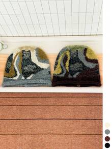 1pc American Vintage Color Block Fuzzy Knit Slouchy Beanie For Women, Autumn Winter Warm Versatile Cold Hat, Face-Flattering Large Head Circumference - Geometric Color Block Faux Mink Trim - View 2