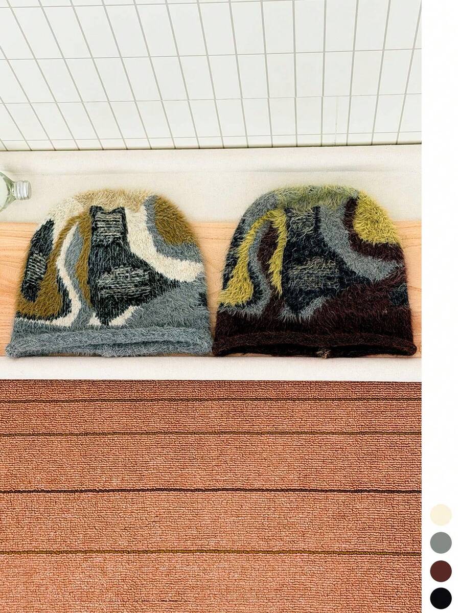 1pc American Vintage Color Block Fuzzy Knit Slouchy Beanie For Women, Autumn Winter Warm Versatile Cold Hat, Face-Flattering Large Head Circumference
