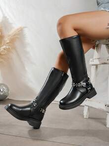 Women's Black Mid-Calf Riding Boots, Thick Sole Chunky Heel, Round Toe, Buckle Strap, Side Zipper, PU Leather, Motorcycle Boots, Autumn/Winter Versatile, Rhinestone Boots - Black - View 3
