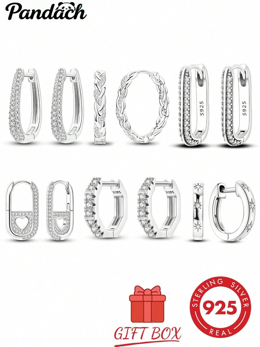 1 Pair S925 Sterling Silver Geometric Hoop Earrings, Heart, Twisted, Rhinestone Hollow Out Multi-Style, Minimalist High-End Texture, Hypoallergenic Skin-Friendly, Versatile Daily Commute Wear, Women's Luxury Earrings, Comes With Exquisite Gift Box, Suitable For Personal Use And Holiday Gifts - Multicolor - View 1