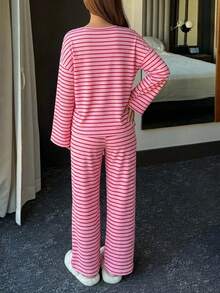 DAZY Women's Casual Striped Print Loose Round Neck Long Sleeve Pajama Set, Comfortable Loungewear Set - Rose Red - View 2