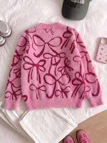 Girls' Elegant Bow Pattern Faux Mink Fur Knit Pullover Sweater, Suitable For Casual Daily Wear In Spring, Autumn, And Winter - Pink - View 4
