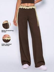Never me Women's Loose Wide Leg High Waist Ruffle Waistband Side Drawstring Yoga Pilates Outdoor Jogging Daily Commute Casual Sports Pants - Brown - View 3