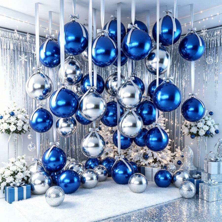 12pcs Silver & Blue Aluminum Foil Balloon Set (Includes Ribbon And Straw), 10-Inch 4D Round Foil Balloons, Small Silver & Blue Metallic Spherical Balloons, Suitable For Weddings, Graduations, New Year, Christmas, Birthday Parties, Ceiling Decoration Balloons. - View 1