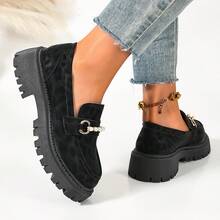 Women's Leopard Print Round Toe Thick Sole Pearl Metal Buckle Loafers, Spring/Autumn Retro Platform Height-Increasing Student Commuter British Style Shoes - Black - View 7
