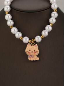 1 Cute Cat Necklace, Pearl Beaded Cat Collar, Cartoon Cat Charm Pet Jewelry, Cat Stuff For Small Cats Daily Wear & Photo Decor - Multicolor - View 3
