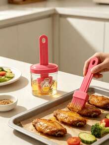 1pc 2 In 1 Oil Brush Bottle, Transparent Seasoning Storage Jar, Silicone Basting Brush Container For BBQ Baking Grilling Pancake, Cute Cartoon Printed Kitchen Gadget, Color Random, Creative Design Makes The Kitchen Cuter And More Fun - Oil Brush Bottle - View 2