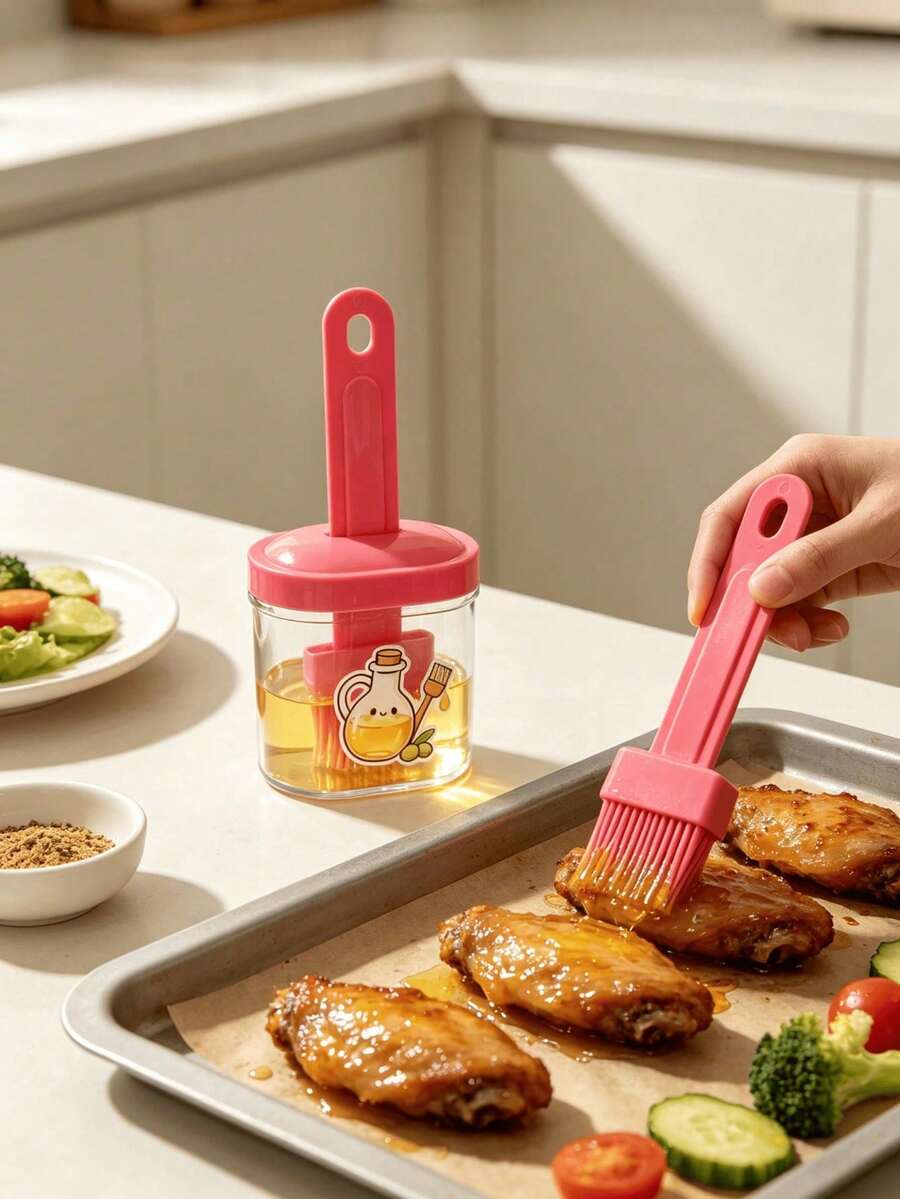 1pc 2 In 1 Oil Brush Bottle, Transparent Seasoning Storage Jar, Silicone Basting Brush Container For BBQ Baking Grilling Pancake, Cute Cartoon Printed Kitchen Gadget, Color Random, Creative Design Makes The Kitchen Cuter And More Fun