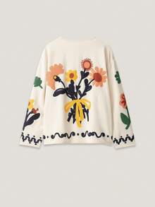 CAREE Women's Autumn/Winter Beige Base Colorful Floral Embroidered Round Neck Front Button Drop Shoulder Large Pocket Loose Jacket - White - View 2