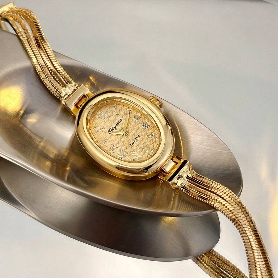 1pc Women's Tassel Soft Alloy Expressive New Oval Case Watch - Gold - View 1