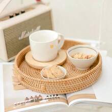 Handmade Woven Rattan Round Fruit Tray, Japanese Style Round Dessert Fruit Dinner Plate Storage Basket, Round Woven Rattan Storage Basket, Wooden Handle Tray, Bread Fruit Cake Food Plate, Home Use Tray - Brown - View 5