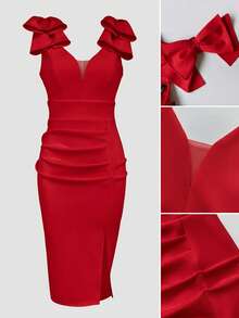 ChicMe Women's Bowknot Decor Deep V-Neck Sleeveless Ruched Slit Zipper Backless Mid-Length Dress, Sexy Elegant Bodycon Cocktail Dress, Suitable For Nightclub Party Summer Red - Red - View 9