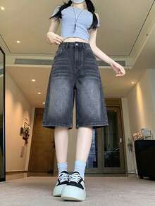 Quần short denim nữ cạp cao mặc nhà hàng ngày mùa hè, màu trơn, denim giặt wash vân râu mèo - Xám - Xem 1
