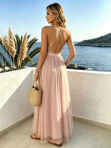 Joyfunear Sequin Bodice Backless Mesh Cami Prom Dress Summer Vacation Party Elegant - Champagne - View 3