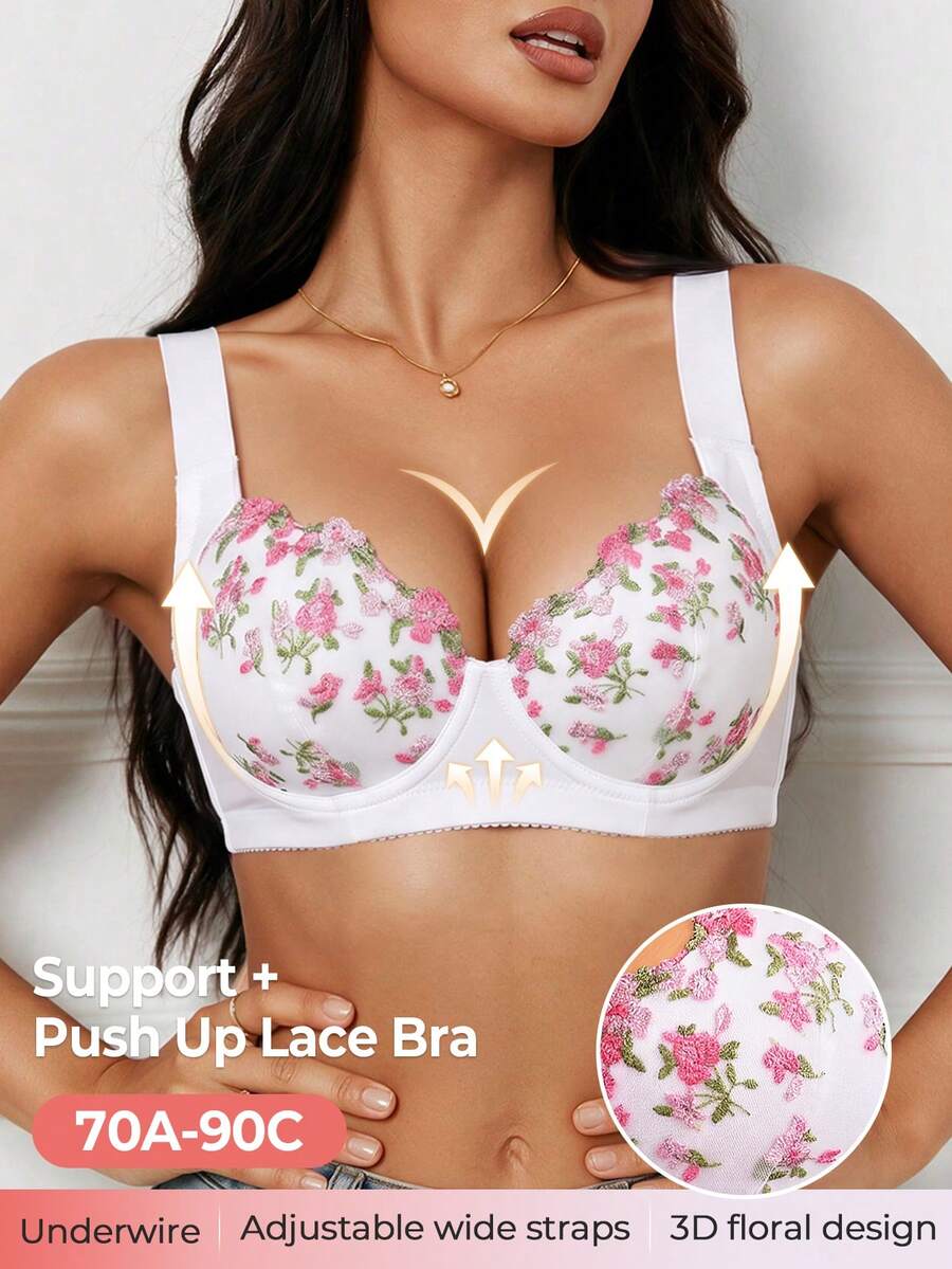 Women's White Sexy Push-Up Bra, Floral Embroidered Underwire Push-Up Bra - Side Coverage Design, Comfortable, Anti-Spillage