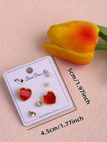 9 Pairs Fashion Minimalist Heart & Flower Stainless Steel Stud Earrings Set, Suitable For Children's Daily Wear, Jewelry Gift Accessory - Stainless Steel Earring Set - View 8