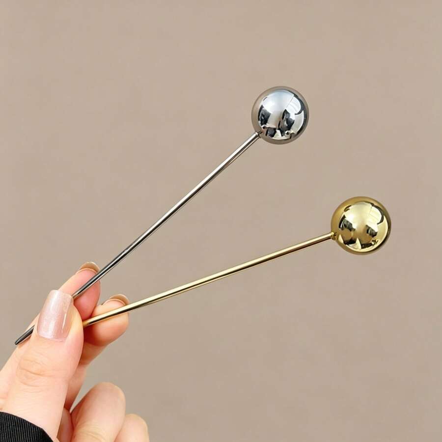 2pcs/4pcs Minimalist Round Ball Hair Sticks, Solid Color Hair Pins For Bun Fixing, Versatile Daily Hair Accessories - 2pcs Gold + Silver - View 1