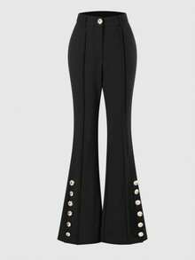 Women High Waist Front Seam Flared Pants, Gold Button Decor Slim Fit Bootcut Trousers Dressy Casual Pants - Black - View 3