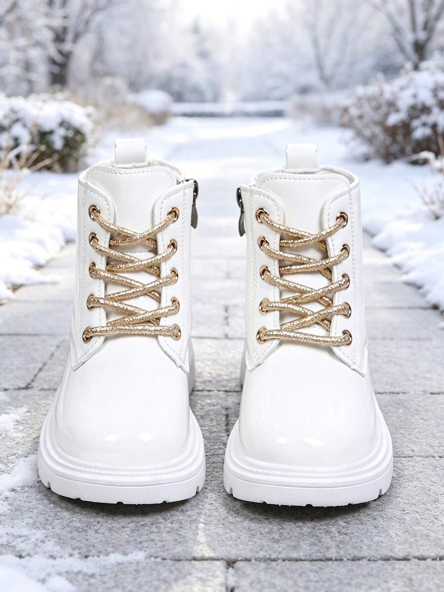 1 Pair Kids' Boots, Shiny PU + Colorful Heart Decor, Round Toe Soft Sole Height-Increasing Inner Zipper Design, Fashionable Cute Sweet Cool Motorcycle Style Mid-Calf Leather Boots, Suitable For Daily, Holiday, Campus, Autumn/Winter New Arrival - White - View 1
