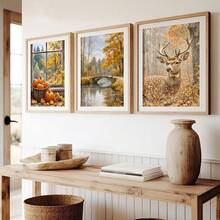 3-Piece Frameless Canvas Wall Art Set, Warm Autumn Pumpkin And Stag Forest Bridge Print, Suitable For Living Room And Bedroom Rustic Decor Poster, Autumn Holiday Gift - Green - View 3