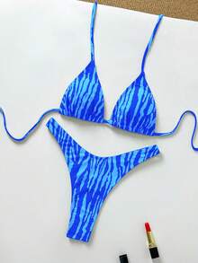 Women's Basic Striped Print Swimsuit, Suitable For Various Occasions From Pool To Beach In Summer, Daily Mini Triangle Bikini Beach Outfit Vacation - Dark Blue - View 2