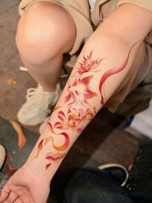 1pc Temporary Tattoo Sticker, Red Gradient Nine-Tailed Fox With Lotus, Butterfly And Streamer Pattern, Realistic Fake Tattoo Design, Suitable For Daily, Bachelorette Party Favors, Music Festivals, Cosplay, Graduation Gifts, Lasts 3-5 Days - Multicolor - View 5