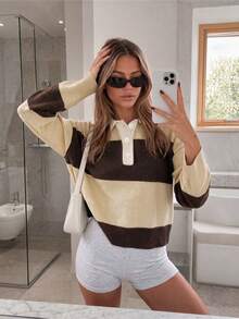 Spring/Autumn Multi-Color Contrast Collar Long Sleeve Half-Button Cardigan Sweater - Light Apricot and Brown - View 4