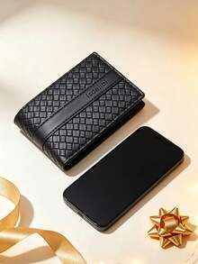 1 buah Dompet Pendek Pria Tekstur Tenun Mewah Hitam, Slot Kartu Ganda, Jendela ID, Dompet Kulit PU Lipat Dua, Dompet Pendek Portabel Kapasitas Besar Minimalis untuk Bisnis, Cocok untuk Perjalanan Sehari-hari dan Acara Bisnis Ringan, Hadiah Liburan - Hitam - View 3