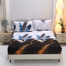 3pcs Bed Sheet & Pillowcase Set (1 Feather Pattern Bed Sheet + 2 Pillowcases, No Filling) Due To Black & White Color, Pillowcase Pattern Is Randomly Matched, Fashionable Country Style Mattress Protector, Fresh & Elegant, Soft & Comfortable & Breathable, Suitable For Double, Full, Twin And Standard Size Mattresses With Depth Up To 11.8 Inches; Bed Cover, Breathable & Wrinkle-Resistant, Back To School Dormitory Essential Bedroom Mattress Protector, Machine Washable. - Senba - View 12