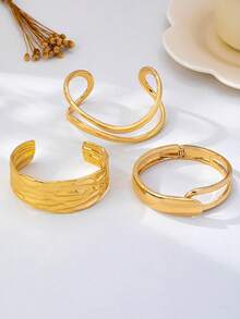 3pcs/1pc Set Minimalist Gold-Tone Asymmetric Geometric Pattern Thick Textured Bangle Set, Suitable For Women, Chunky Smooth Matte Metal And Zinc Alloy Material - Yellow Gold - View 4