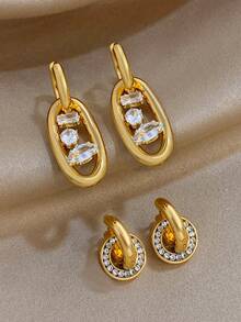 Elegant Oval Link Multi-Shape Zirconia Circle Hoop Earrings Stainless Steel Jewelry Set For Women,Party,Daily,Christmas,Valentine Birthday Gifts - Multicolor - View 9