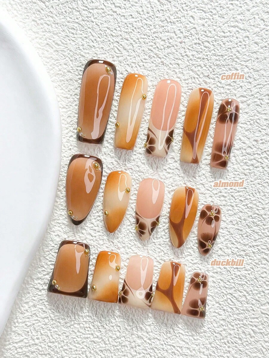 秋季 10 件組美拉德風手工穿戴甲 Polygel 凝膠美甲套組,鋼珠裝飾,棕色指甲油,柔和簡約風,3 種尺寸可選,杏仁甲、鴨嘴甲、棺材甲,適用派對、舞蹈、日常穿著(手工細節可能有所不同) - 彩色 - 查看 1