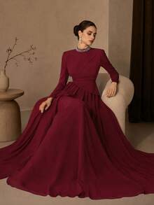 Elegant Women's Burgundy Formal Dress With Beaded Stand Collar, Long Sleeves And Flared Hem, Suitable For Charming Evening Events - Burgundy - View 2