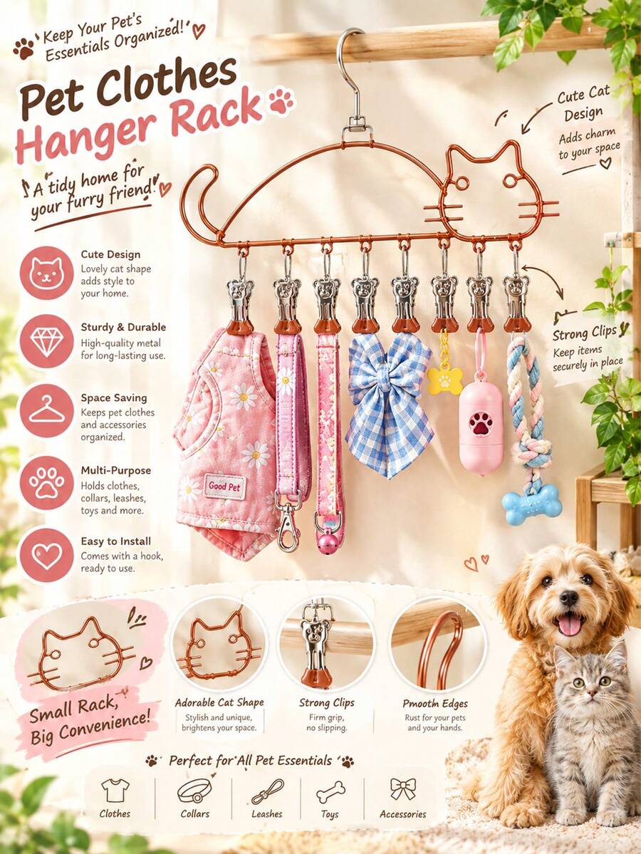 1pc Cat-Shaped Pet Clothing Drying Rack With Clips - Multi-Clip Hanging Storage Rack, Suitable For Small Dog And Cat Clothes, Sweaters, Dresses, Scarves, Bows, Pet Store Display And Home Grooming Supplies, Dog Accessories, Cat Supplies - Multicolor - View 1