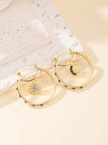 1 Pair Retro Asymmetric Crescent Moon & Sun Rhinestone Earrings, Women's Celestial Hoop Earrings, Jewelry Accessories - Multicolor - View 2