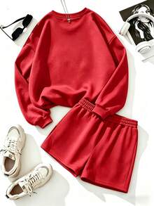 2pcs Sweatshirt Set, Pure Cotton Crew Neck Loose Long Sleeve Top And Shorts Sweatshirt, Microphone Rose FORCE HOPE Graphic Print - Watermelon Red - View 6