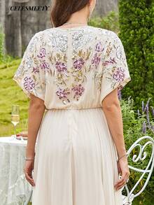 Women's Elegant Luxury One Size Computer Embroidered Sequin Beaded Ball Gown, Chiffon Batwing Sleeve, Pleated Hem - Champagne - View 9