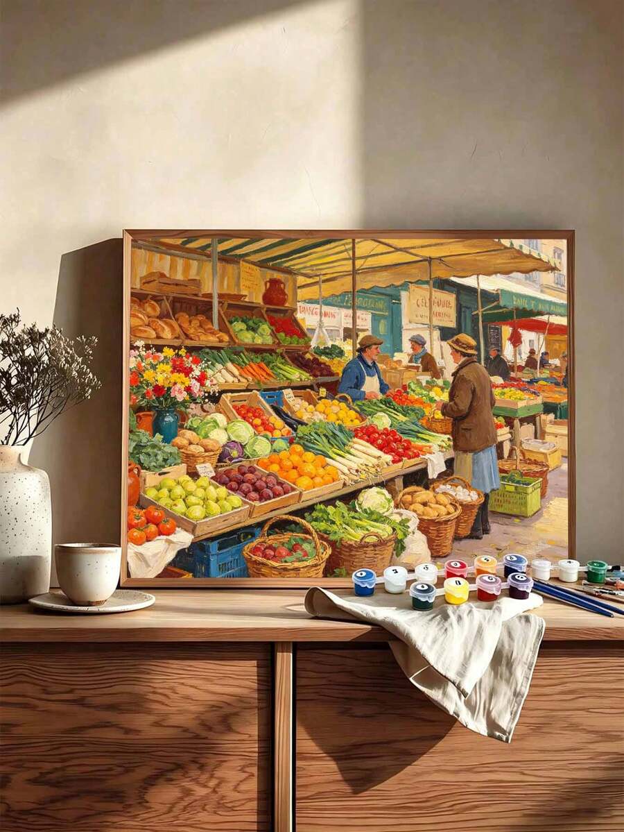 Adult & Beginner Digital Oil Painting Kit, Vegetable Stall, Easy Acrylic Painting Supplies (Includes Brushes & Paints), Suitable For Home Decor, Ideal Gift For Holiday.
