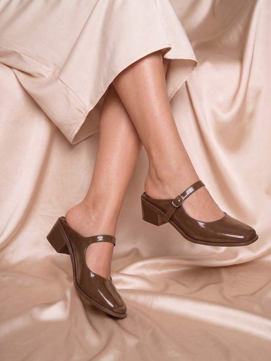 Retro Brown Mary Jane Mule Shoes, Square Toe Low Heel Slip-On Comfortable Heeled Sandals For Work, Daily Commute And Casual Wear - Brown - View 1
