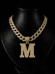 Liontin Huruf M Besar Bertabur Berlian Imitasi dengan Rantai Gaya Kuba, Perhiasan Kalung Berlian Mengkilap Gaya Hip Hop Pria - Kalung Liontin M - View 2