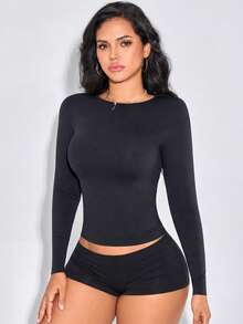 Women Long Sleeve Shirts Basic Tops Tight Slim Fit Clothes - Black - View 5