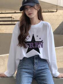 女款時尚秋冬寬鬆百搭字母與星星印花長袖T恤 - 白色 - 查看 3