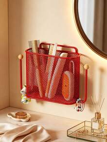 1pc Wall-Mounted Storage Basket, Minimalist Metal Mesh Rectangular Storage Basket With Side Hooks, No-Drill Wall Hanging Rack, Suitable For Bathroom, Bedroom, Dorm, Home Daily Storage - Multicolor - View 6
