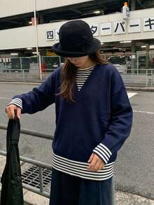Women's Winter Loose Knit Sweater With 2 In 1 Striped Colorblock Design - Navy Blue - View 3