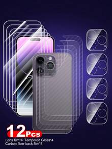 Apple 4pcs HD Front Screen Protector + 4pcs Carbon Fiber Back Film + 4pcs HD Lens Protector, 12pcs Full Protection Set For IPhone 11-18 Series, Compatible With IPhone 14 6.1"/Phone 13/Phone 13 Pro 6.1/15/15promax/Phone 16/Phone 16pro/Phone 16promax/ Compatible With IPhone17/Compatible With IPhone17pro/Compatible With IPhone17promax/AIR/Compatible With IPhone18pro/Compatible With IPhone18promax - Clear - View 35