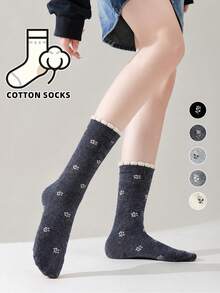 1/5 pares de calcetines de tripulación para mujer con estampado floral y de lunares, suaves y casuales para uso diario - Multicolor - Ver 4