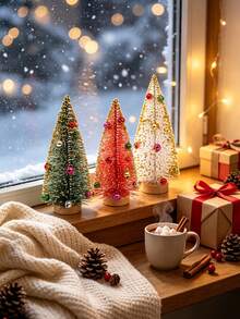 6pcs Set Artificial Three-Color Bell Christmas Tree, Bottle Brush Christmas Tree With Wooden Base, Christmas Decoration, Christmas Party Home Desktop Handmade Decor, Winter Holiday Decoration, Christmas Table Centerpiece - Multicolor - View 9